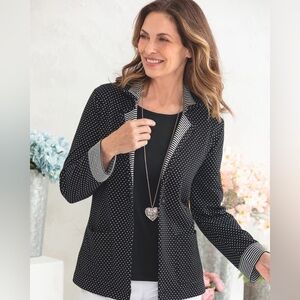 Appleseed's Sz XL Womens Knit Jacket Blazer Black/White Dot/Striped Cotton